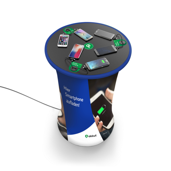 Mobiler Stehtisch CHAT EXPO mit Handy-Ladekabel und Wireless Charging